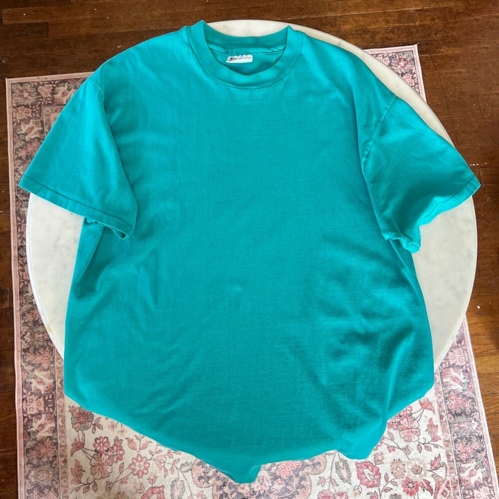 Vintage 90s Distressed Teal Single Stitch Tee / Hanes Beefy T / Large